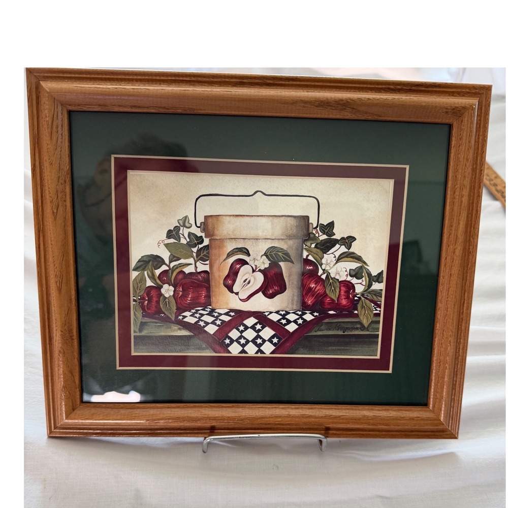 Laurie Krogness Framed Apple Crock Art Americana Farmhouse Decor 11.5x9.5